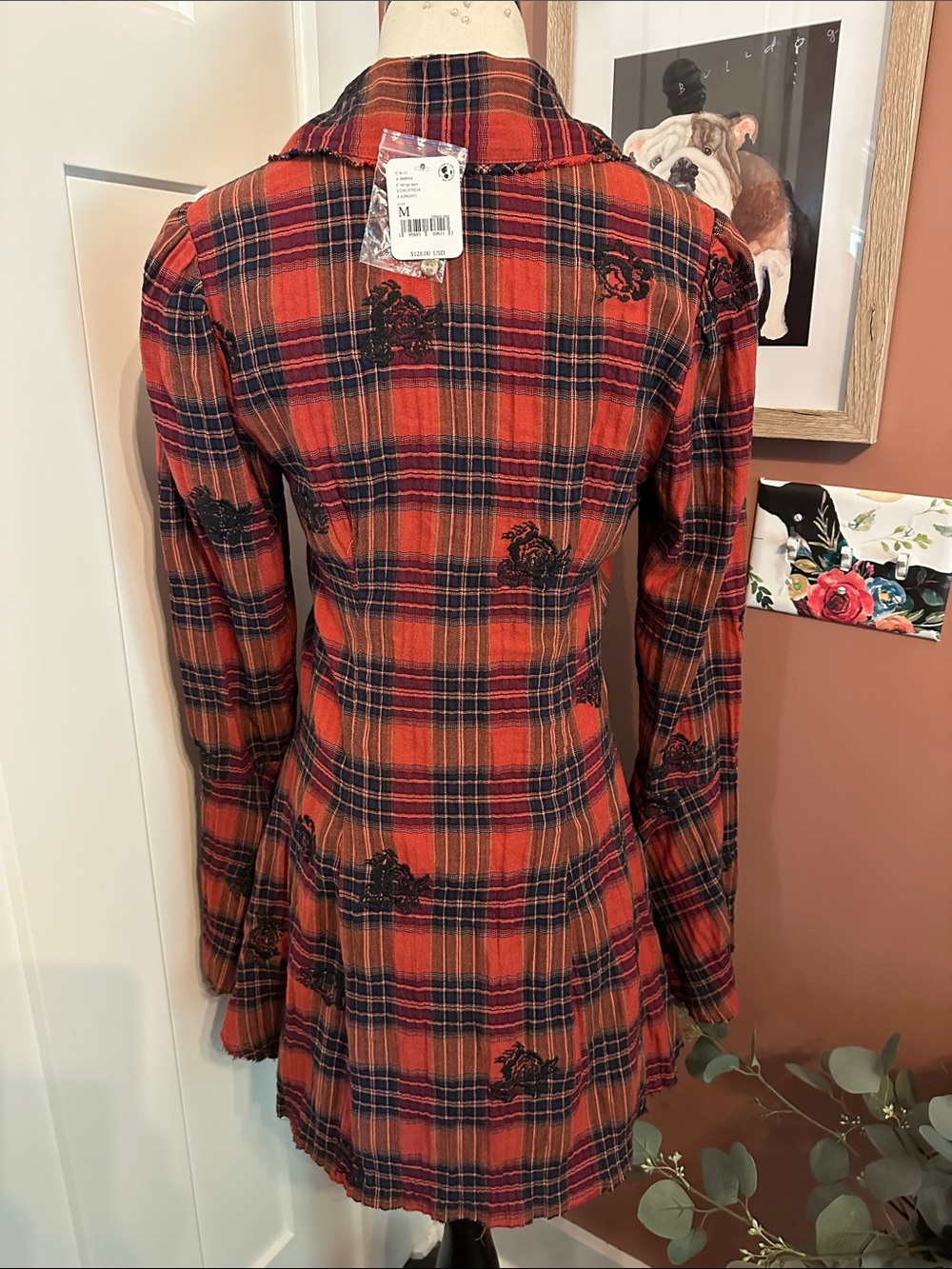 NWT Free People Ezra plaid embroidered button up bell cuff M raw edge tunic - Picture 9 of 16